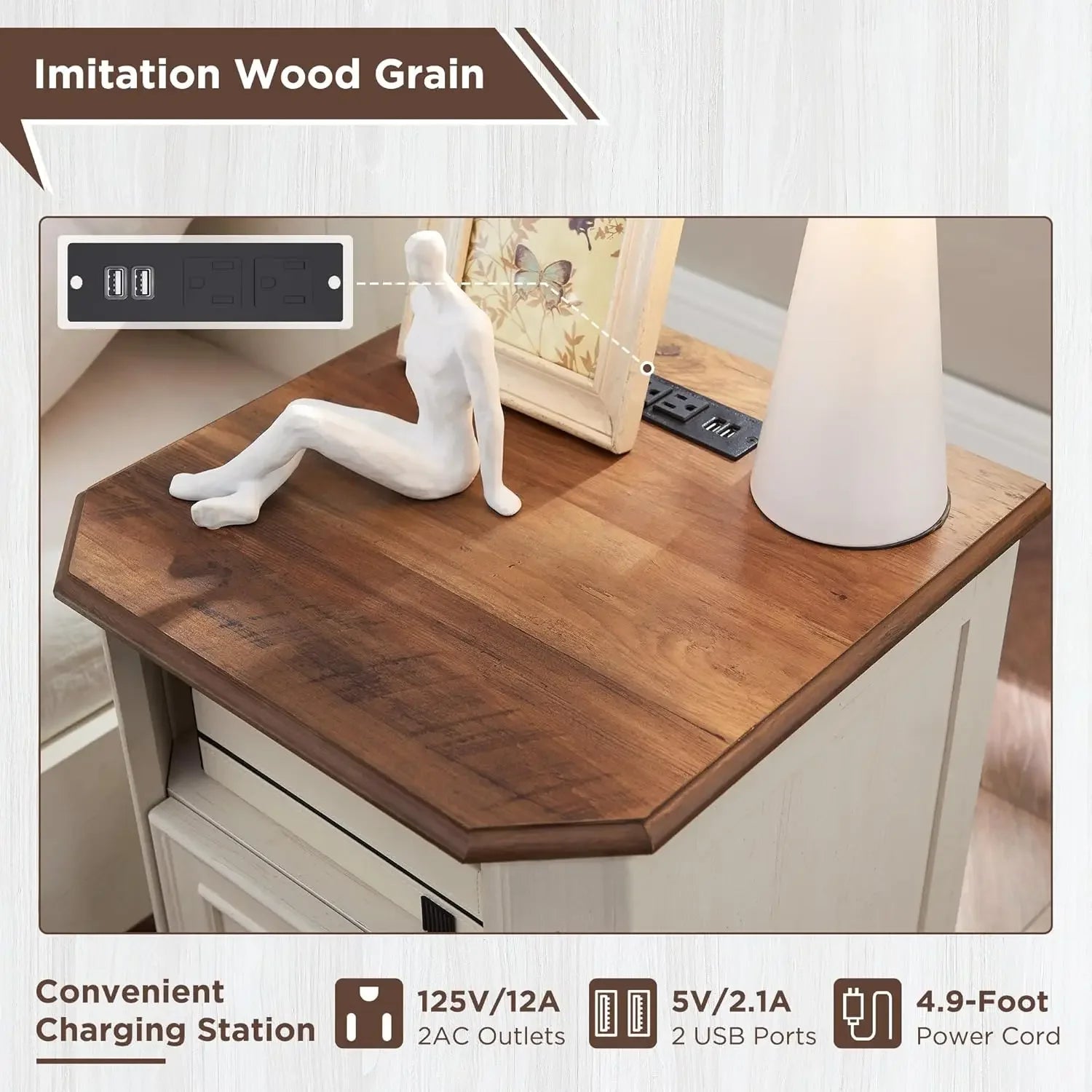Farmhouse Nightstand Set of 2 with Charging Station, 18" End Table with 2 Drawers