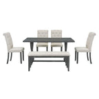 6Piece Farmhouse Dining Table Set, 60 L Rectangular Table, 4 holstered Chairs and Bench