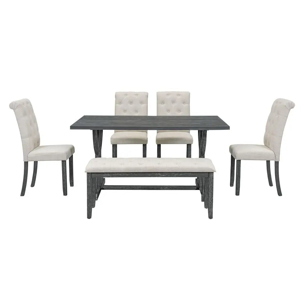 6Piece Farmhouse Dining Table Set, 60 L Rectangular Table, 4 holstered Chairs and Bench