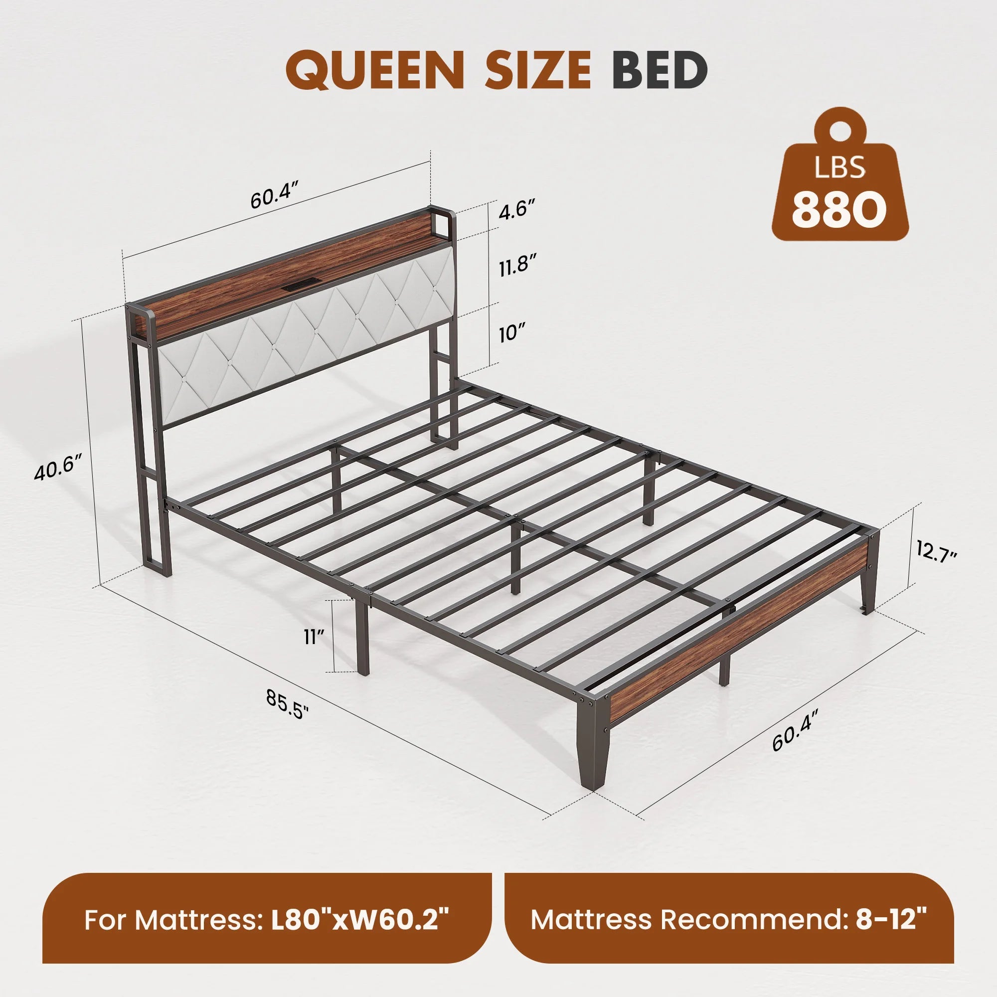 Heavy Duty Metal Bed Frame with Headboard Charging Station 1100lbs Capacity Easy Assembly For Bedroom
