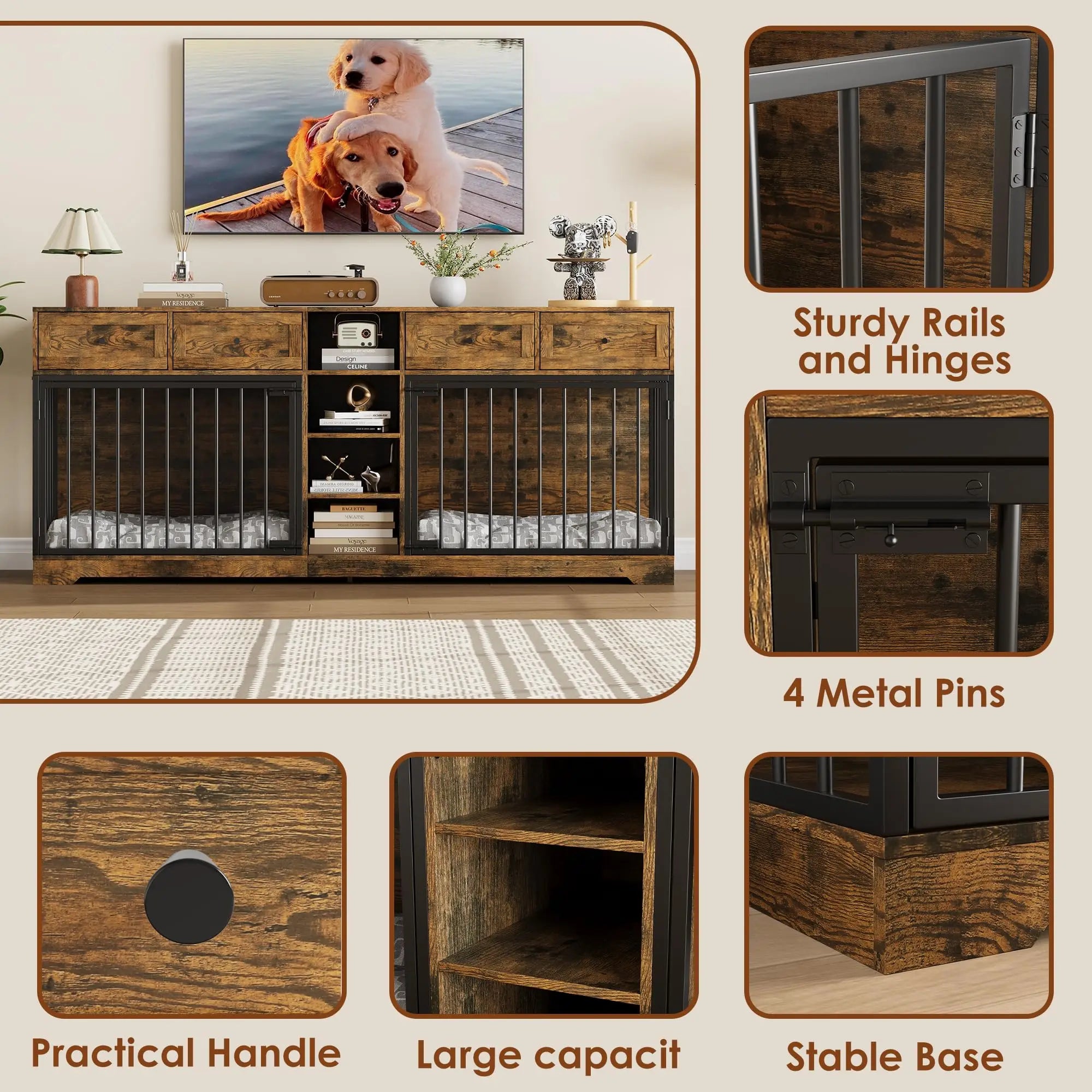 82'' Large Double Dog Crate TV Stand With 4 Drawers, Shelves
