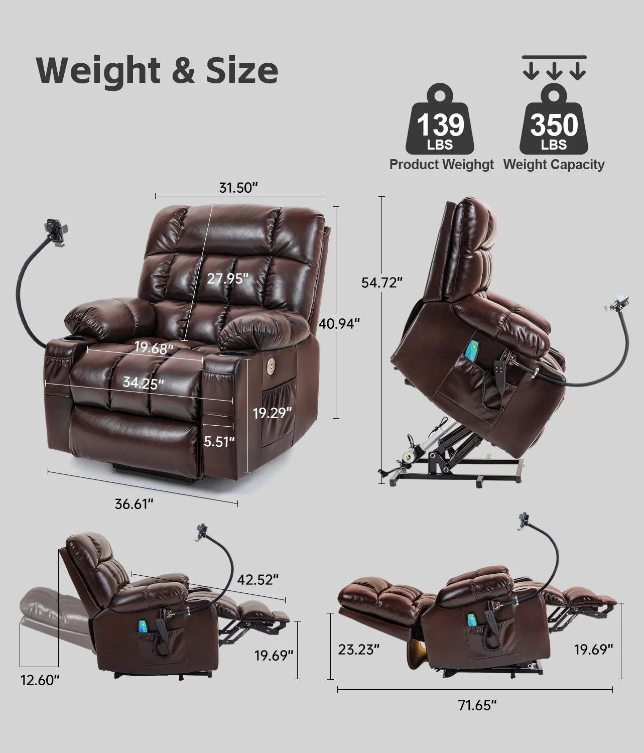 Leather Heated Lift Recliner Chair with Dual Motor, Massage, Cup Holder, Wireless Charging, USB