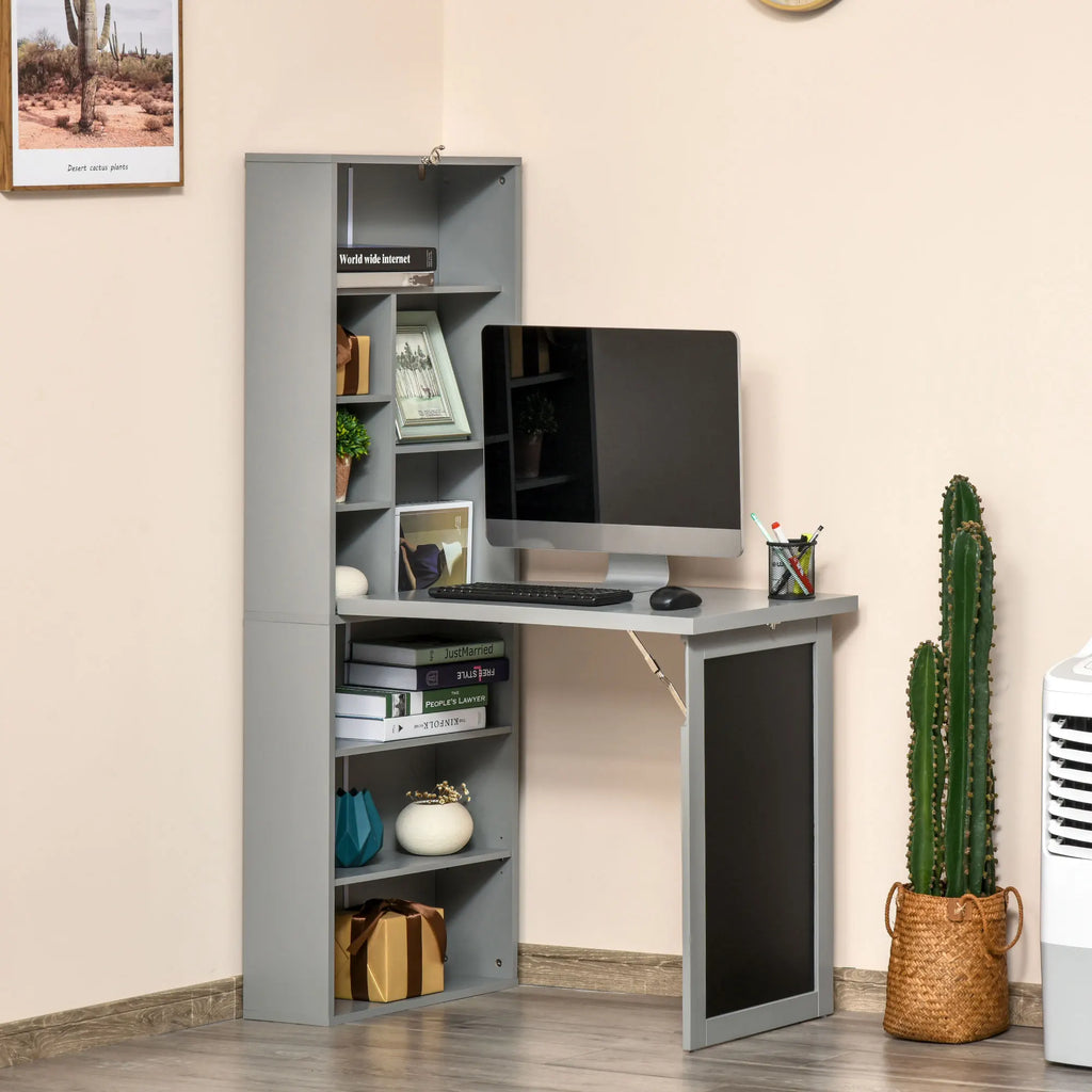 Homcom Fold-Out Convertible Office Desk, Wall Mount Computer Desk with Blackboard and Side Shelf