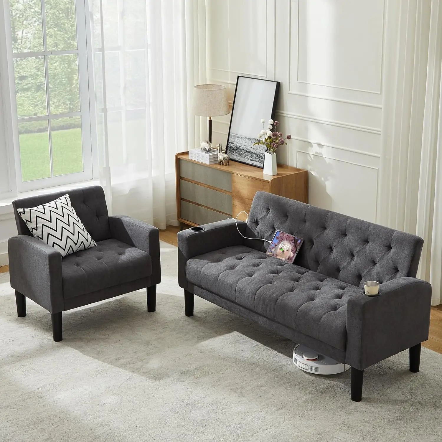 Pink Velvet Loveseat Sofa Set w/ 2 USB & 2 Cupholders