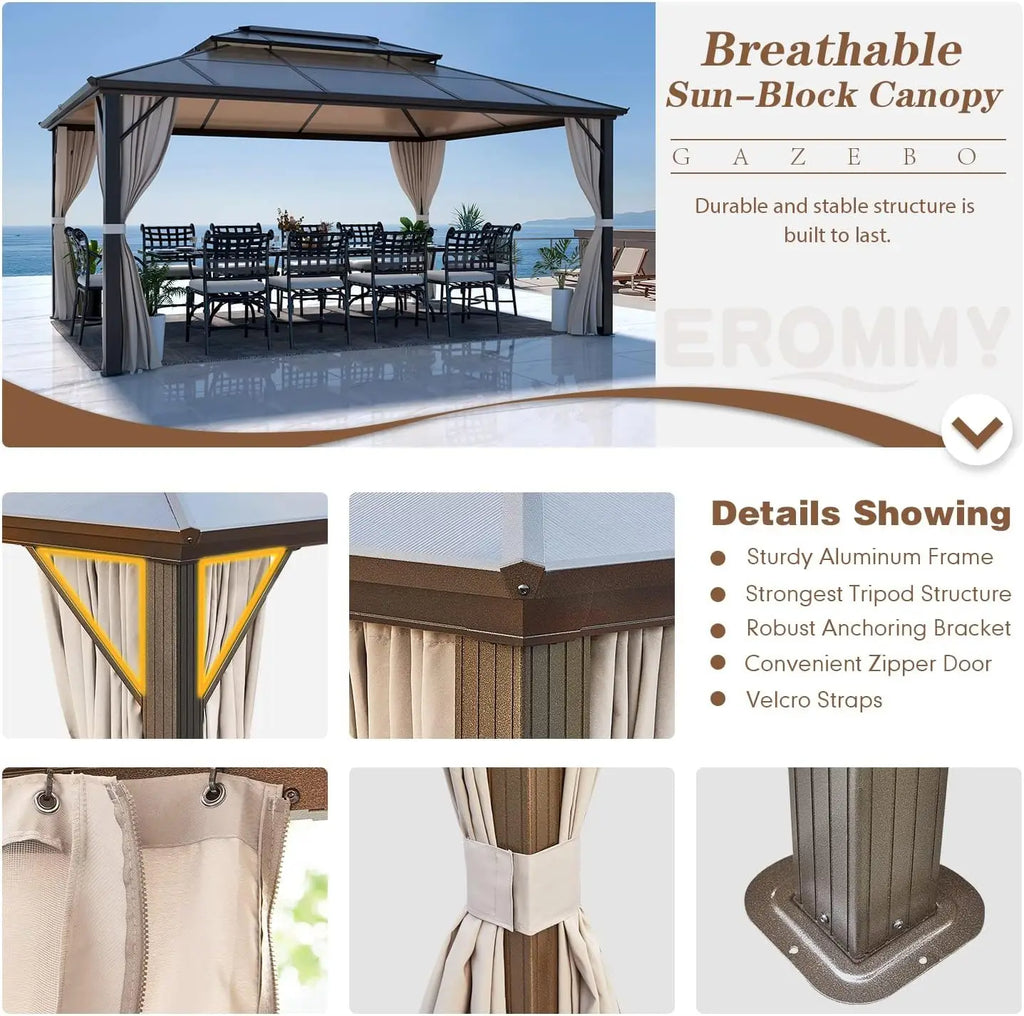 12' x 16' Gazebo Polycarbonate Double Roof Canopy Outdoor Aluminum Frame Pergola