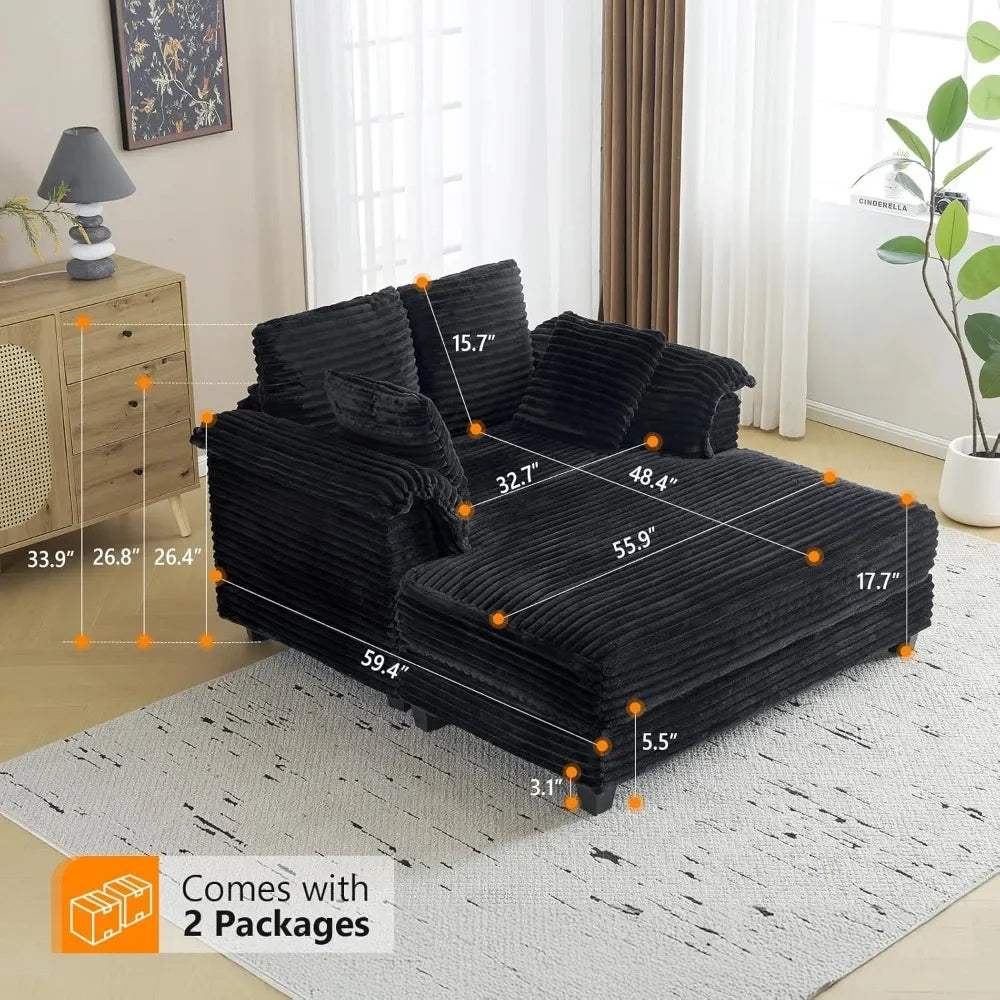 56" Oversized Chaise Lounge Chair, Black Comfy Corduroy Chaise Sofa Recliner Bed with Throw Pillow