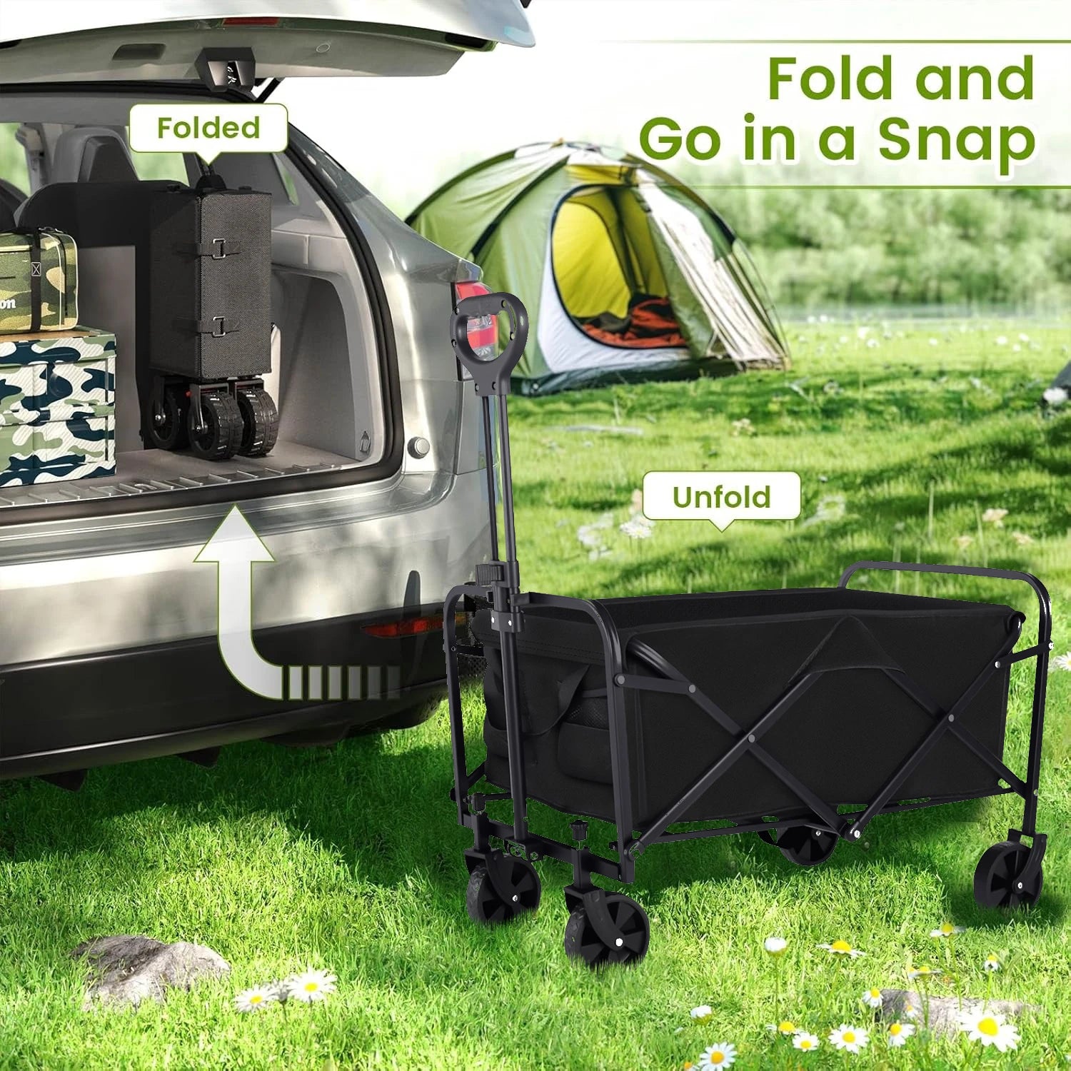 Heavy Duty Foldable, Portable Wagons for Groceries, Beach Cart with All-Terrain Wheels  Drink Holders