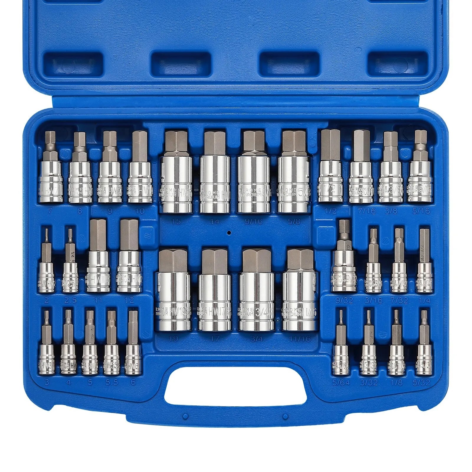 33 Piece Hex Bit Socket Set 1/4, 3/8, 1/2 Drive SAE Metric Allen Wrench Tool Kit