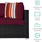 7-piece modular outdoor sectional wicker patio conversation set w/ 2 pillows, coffee table, cover included - black/deep burgund