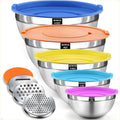 5-piece stainless steel mixing bowl set with 3 grater attachments, suitable for baking and serving food