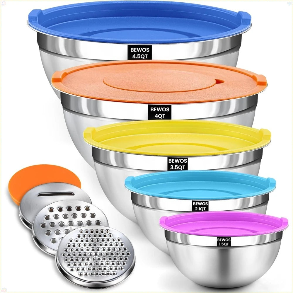 5-piece stainless steel mixing bowl set with 3 grater attachments, suitable for baking and serving food