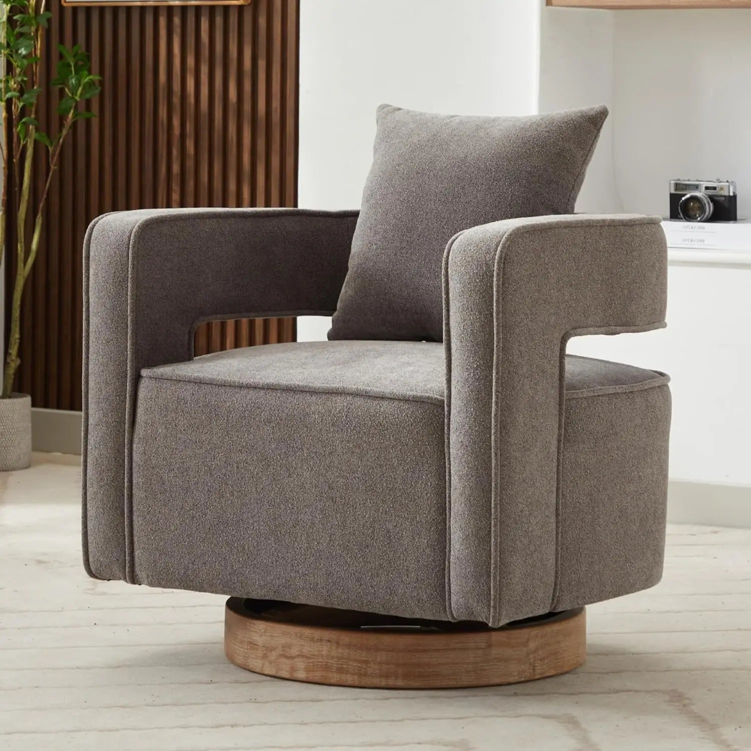 Upholstered Swivel Accent Chair Set of 2 Linen Open Back Barrel Chair with Pillow
