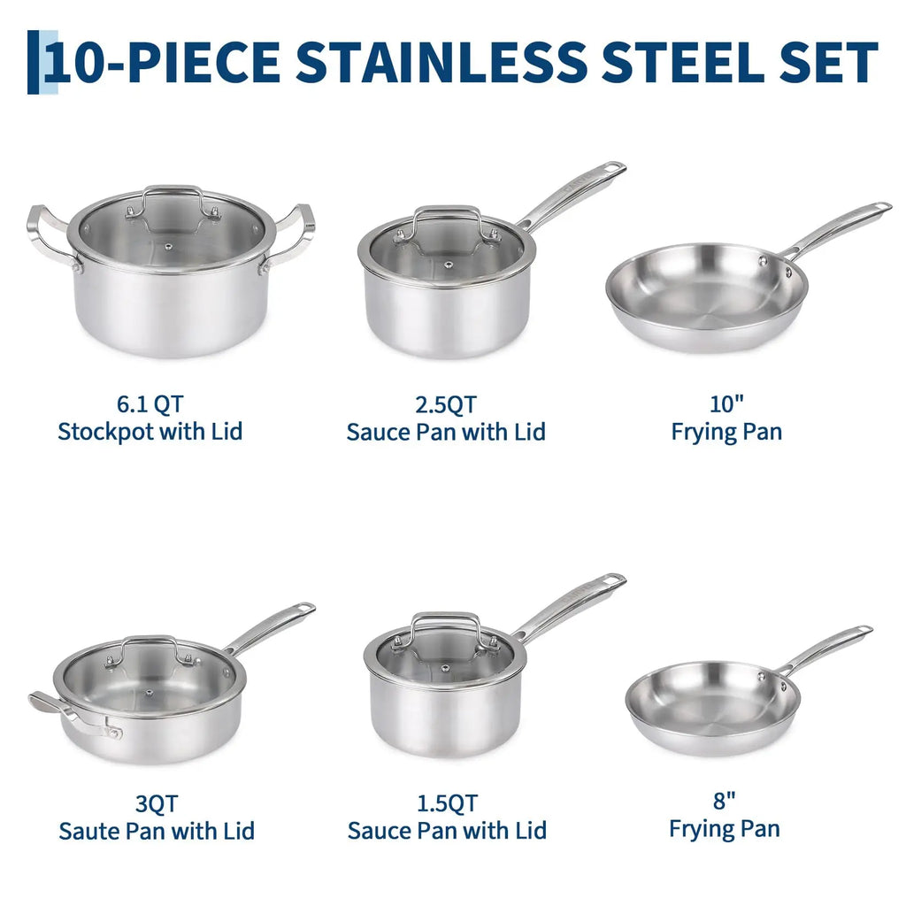 10-Piece Tri-Ply Stainless Steel Cookware Set Heavy Duty Pots And Pans Induction Oven Safe Kitchen Cooking Set