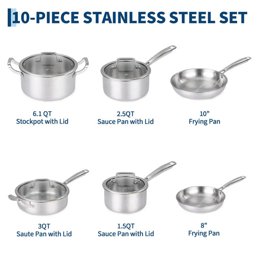 10-Piece Tri-Ply Stainless Steel Cookware Set Heavy Duty Pots And Pans Induction Oven Safe Kitchen Cooking Set