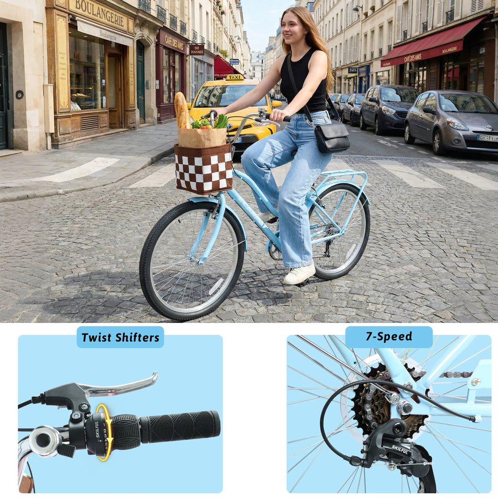 26 Inch Beach Cruiser Bike for Women, 7 Speed Commuter Bicycle with Rear Rack and Basket, Steel Frame Comfortable City Bike with Dual V-Brakes for Adults
