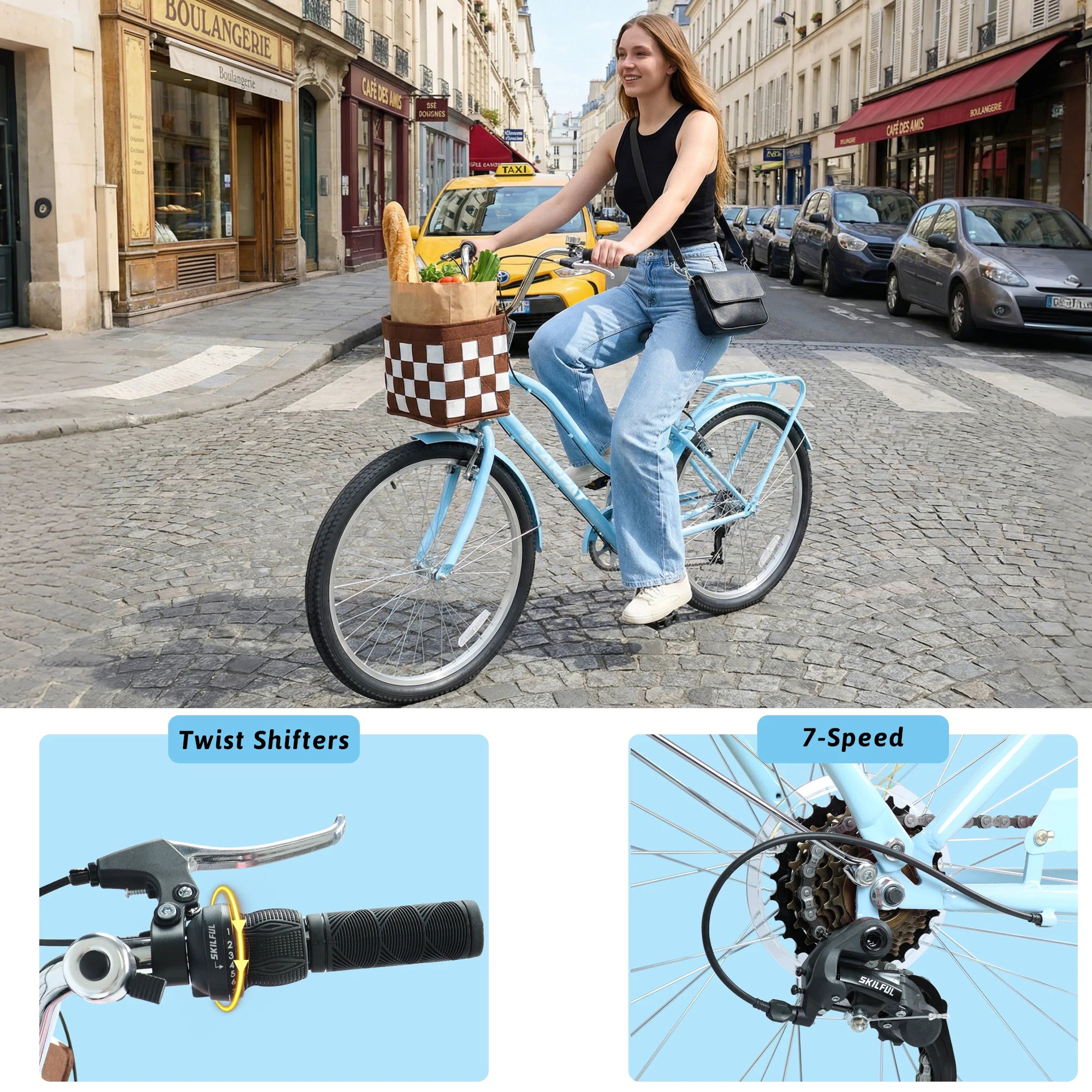 26 Inch Beach Cruiser Bike for Women, 7 Speed Commuter Bicycle with Rear Rack and Basket, Steel Frame Comfortable City Bike with Dual V-Brakes for Adults