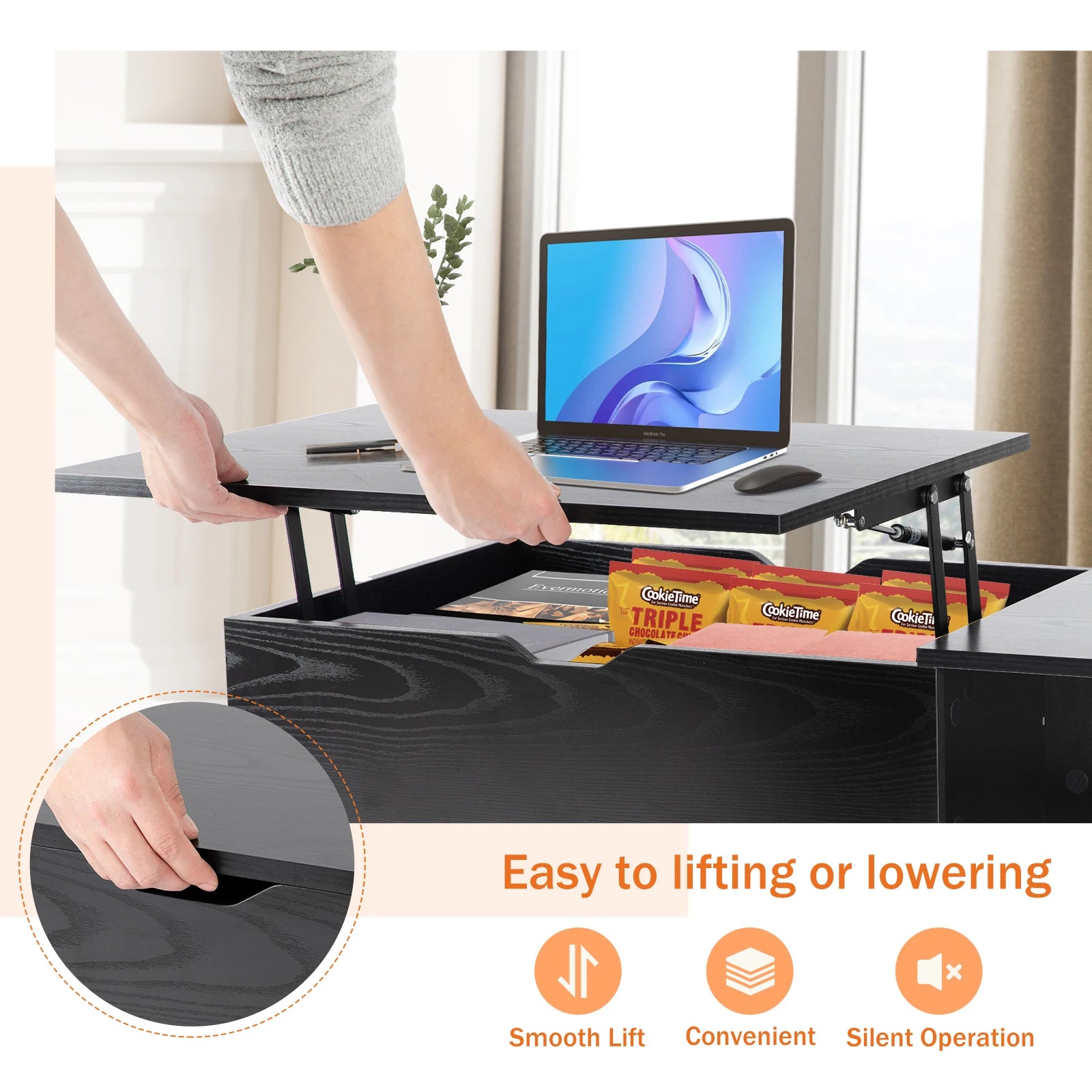 Lift Top Coffee Tables For Living Room 39.37"x19.7" Wood Dining Tables Adjustable Storage Shelf Easy Lift Or Lower