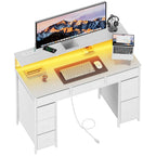 Computer Desk with 8 Storage Drawers, Adjustable Monitor Stand, Writing Desk with LED Lights & USB Power Outlets