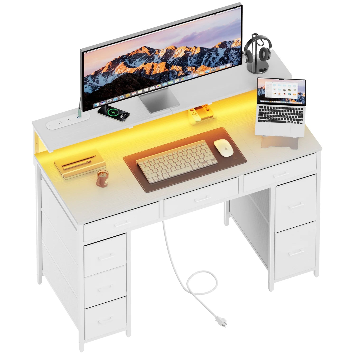 Computer Desk with 8 Storage Drawers, Adjustable Monitor Stand, Writing Desk with LED Lights & USB Power Outlets