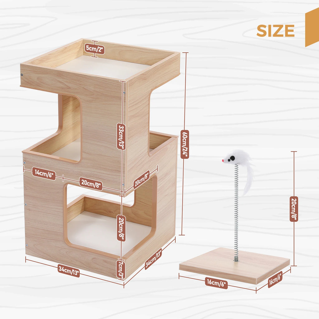 Wood Cat Condo House Bed with Removable Soft Mats, Scratching Pad
