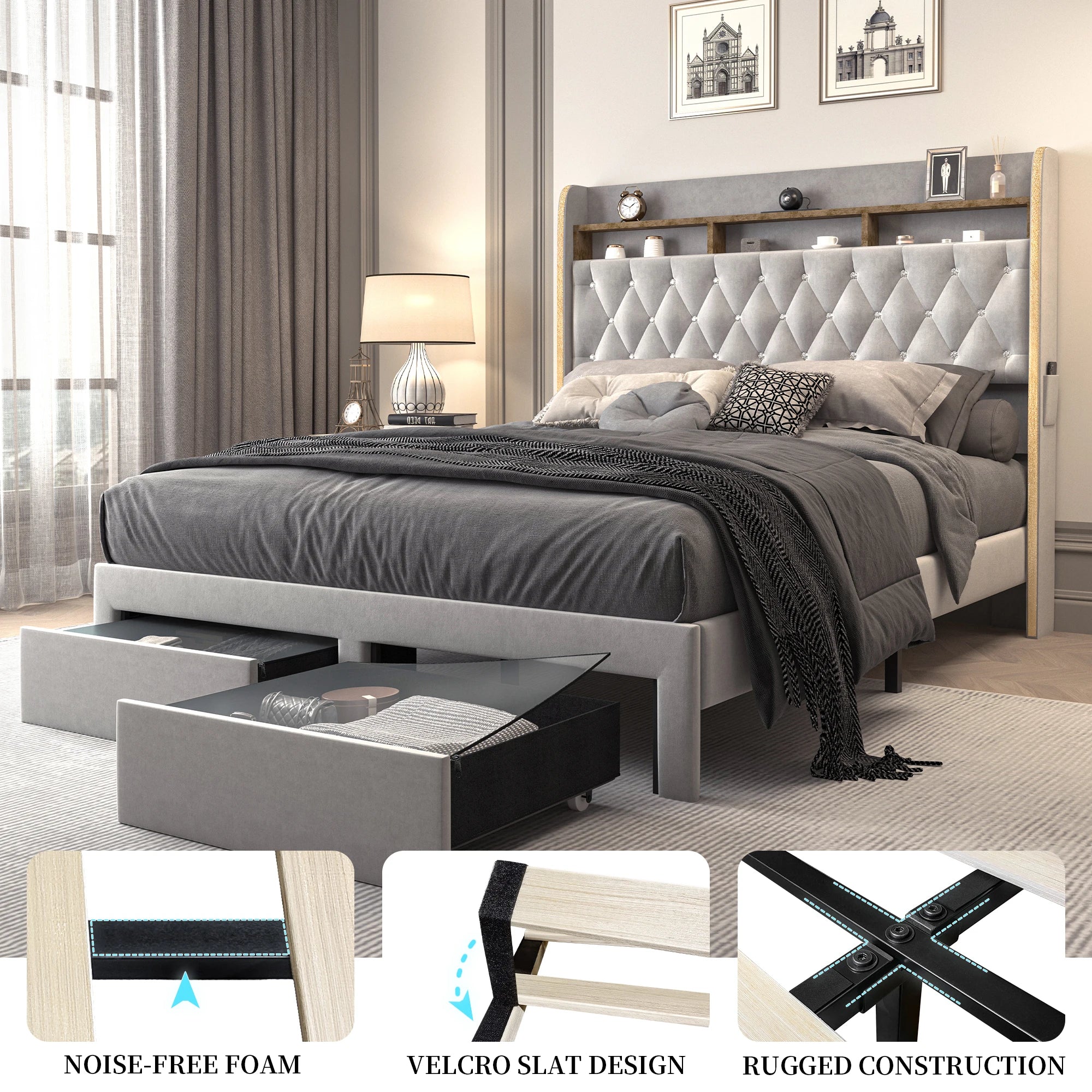 Queen LED Bed Frame with Storage, Star Projector, Charging Station, 2-Tier Headboard, PU Leather Bed