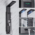 Black/Brushed Stainless Steel 5-function Waterfall Rain Shower Panel with Massage System Tub Spout and Handshower Shower Column