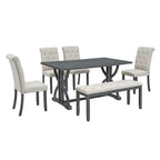 6Piece Farmhouse Dining Table Set, 60 L Rectangular Table, 4 holstered Chairs and Bench
