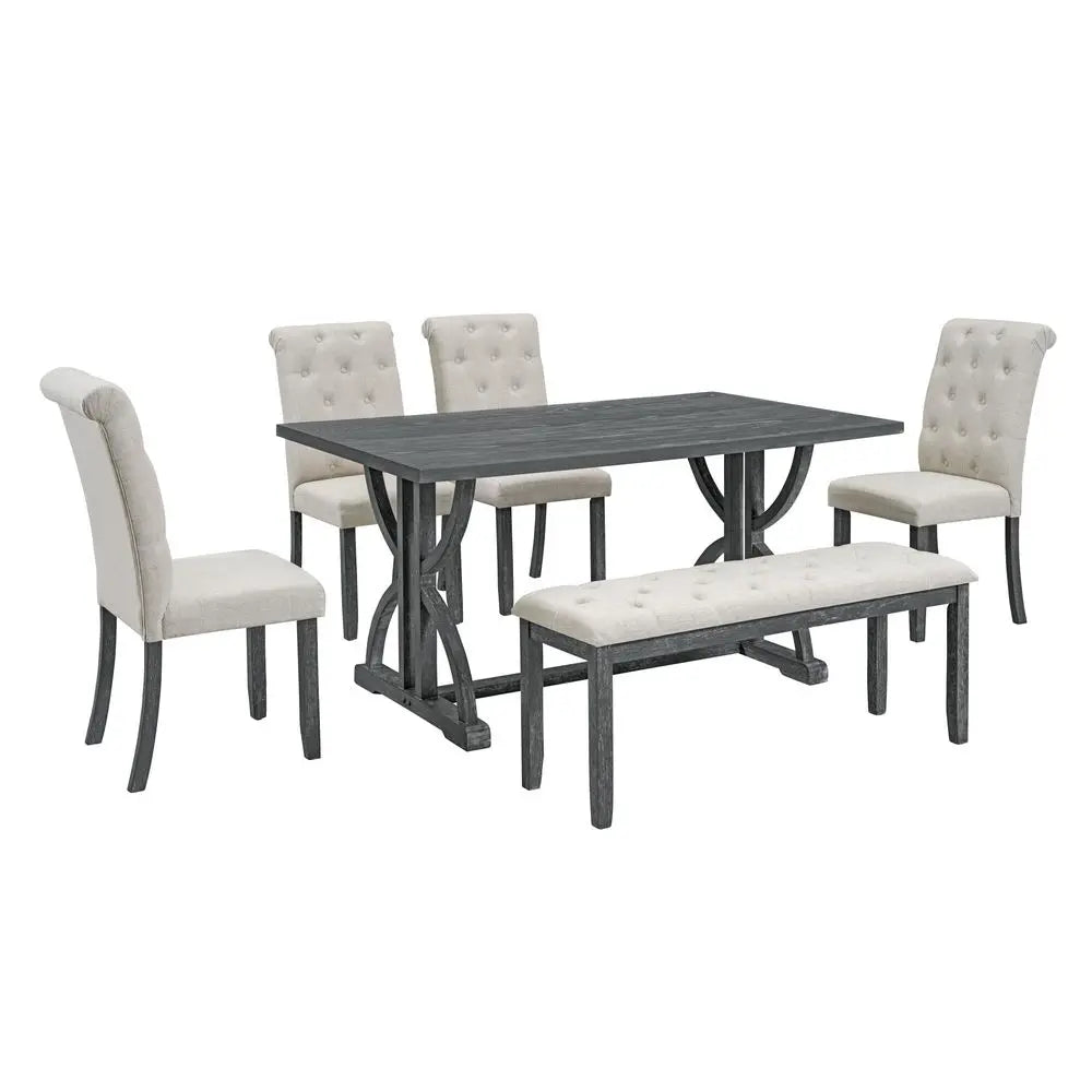 6Piece Farmhouse Dining Table Set, 60 L Rectangular Table, 4 holstered Chairs and Bench