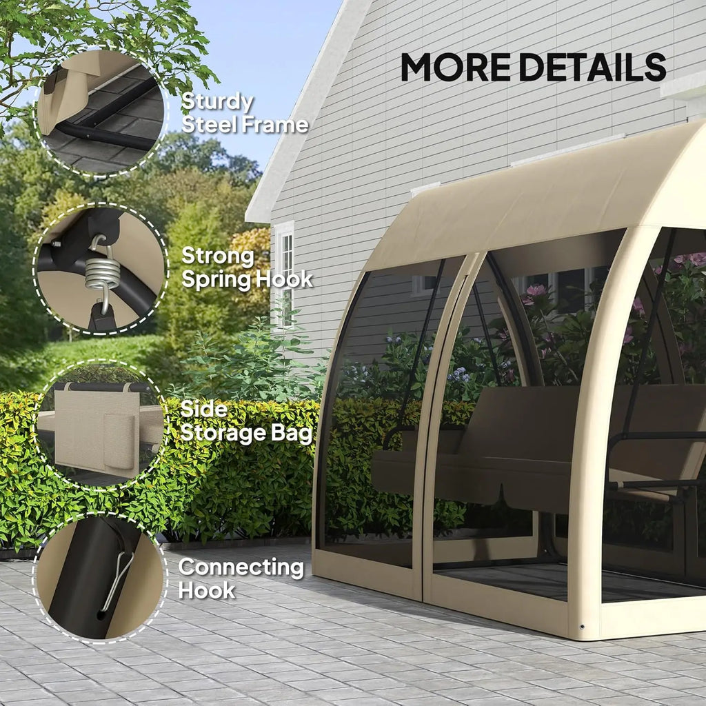 3-Seat Outdoor Porch Swing Bed with Convertible Backrest Cushion Canopy