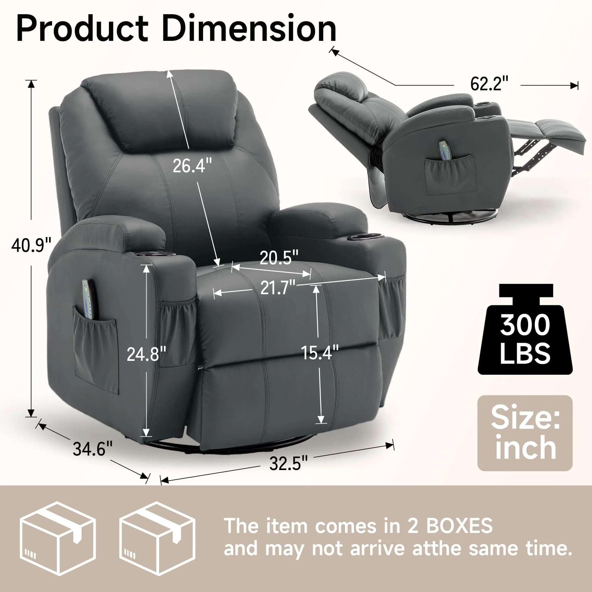 Recliner Chair with Massage and Heat, 360° Swivel Rocking Chairs for Adults, Remote Control and Cup Holder