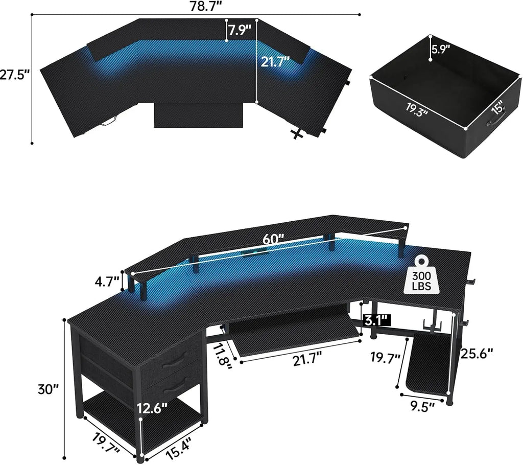 79" Gaming Desk With Storage , Led Lights