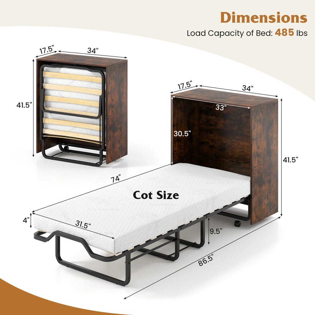 Cot Size Murphy Bed with Storage, Rolling Murphy Cabinet with Foldable Bed