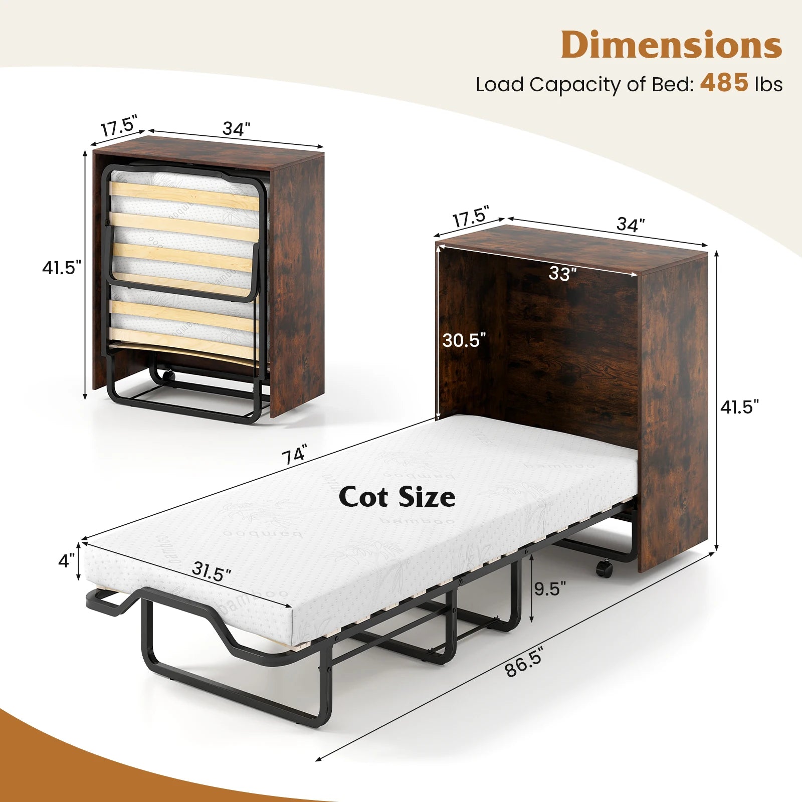 Cot Size Murphy Bed with Storage, Rolling Murphy Cabinet with Foldable Bed