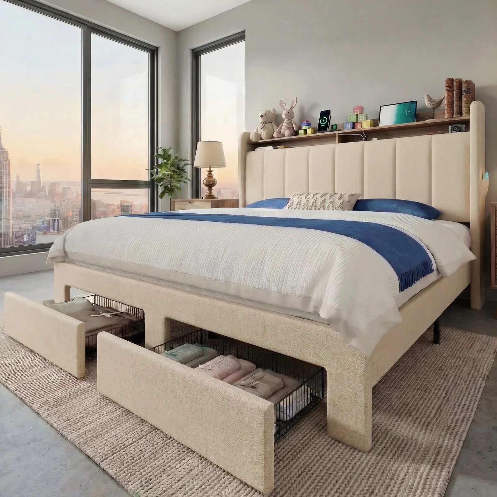 Bed Frame, 2 Storage Drawers/2-Tier Shelves with LED Lights & Charging Station, No Box Spring Need, Full/Queen/King