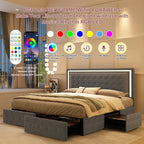 Queen LED Bed Frame with 4 Storage Drawers, RGBW Headboard, PU Upholstered, No Box Spring Needed, 900 lbs Support