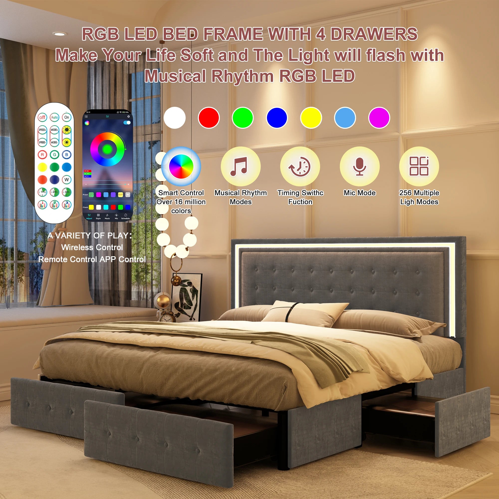 Queen LED Bed Frame with 4 Storage Drawers, RGBW Headboard, PU Upholstered, No Box Spring Needed, 900 lbs Support