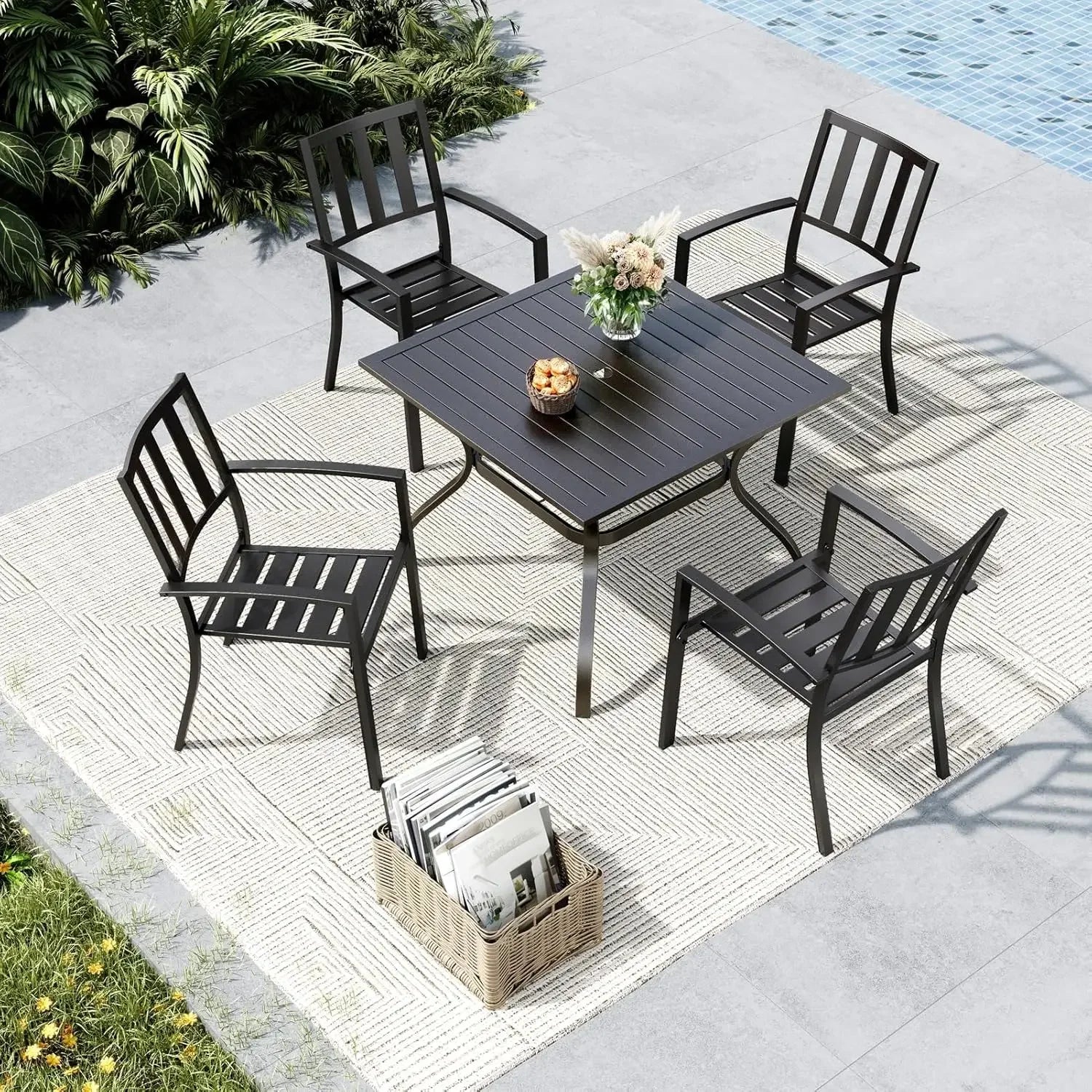 Outdoor Dining Set for 4, Patio Table and Chairs Set with Umbrella Hole