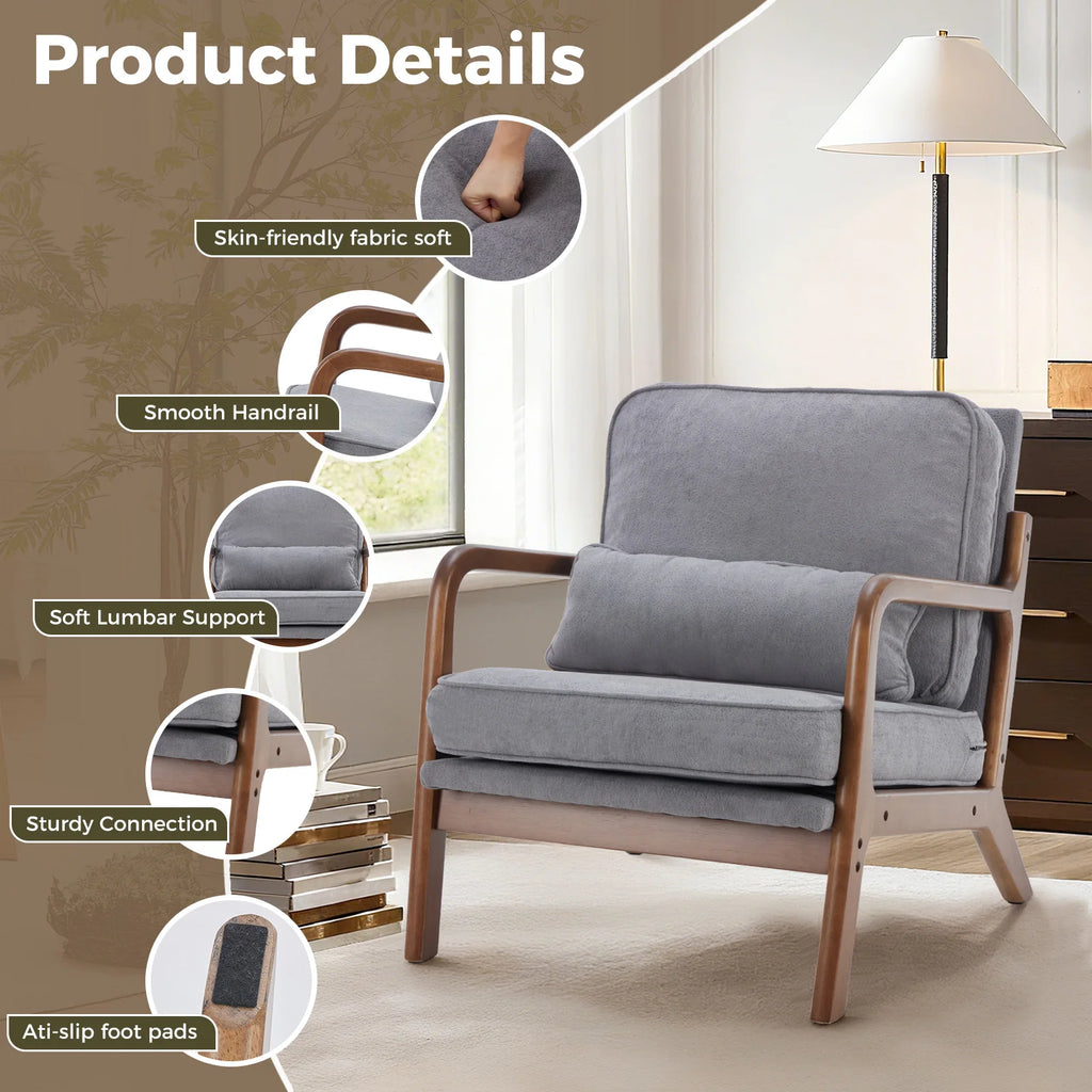 Mid Century Modern Chair Solid Wooden Frame Accent Chair with Arms and Waist Cushion