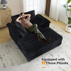 56" Oversized Chaise Lounge Chair, Black Comfy Corduroy Chaise Sofa Recliner Bed with Throw Pillow