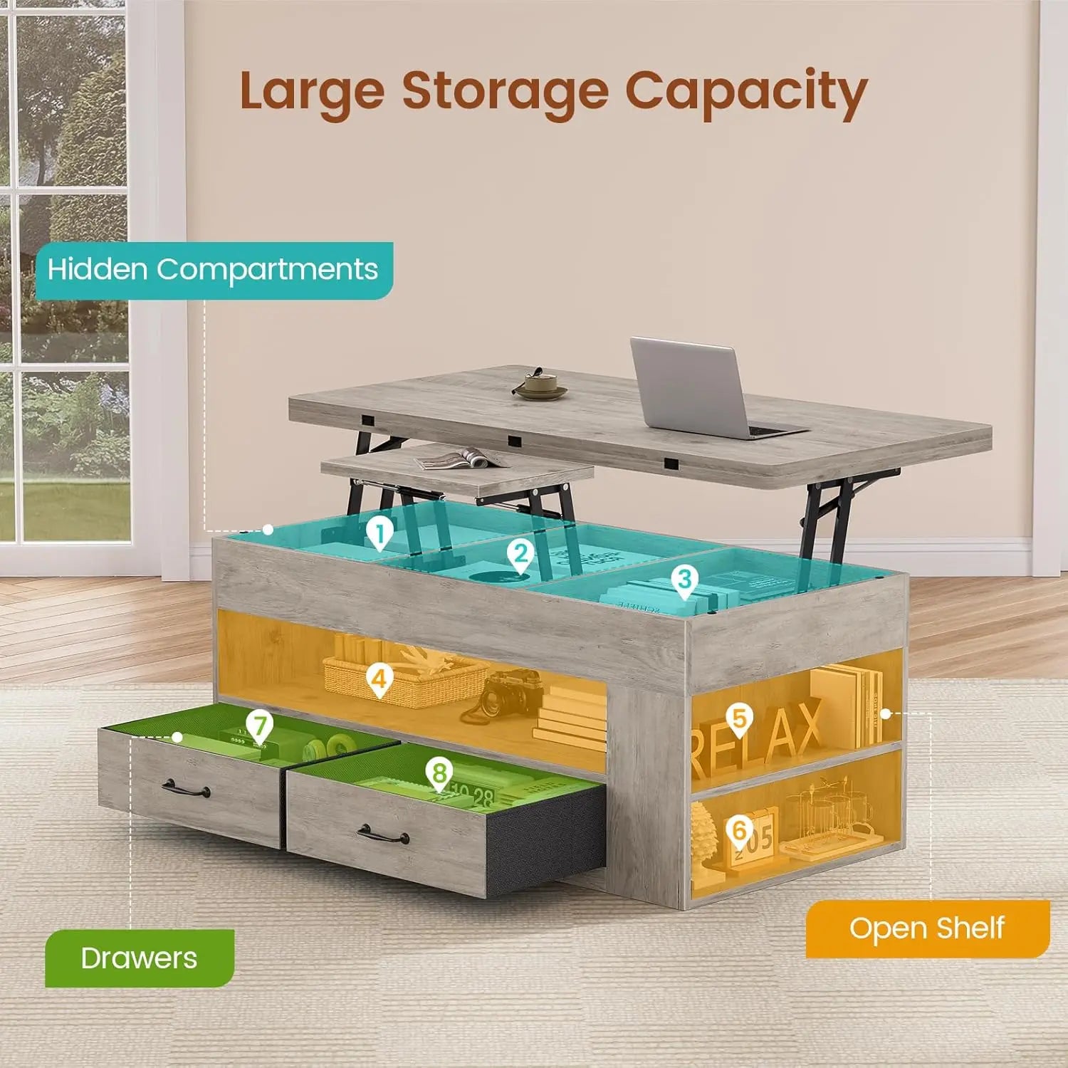 Lift Top Coffee Table with Storage Hidden Compartment 2 Fabric Drawers LED Light