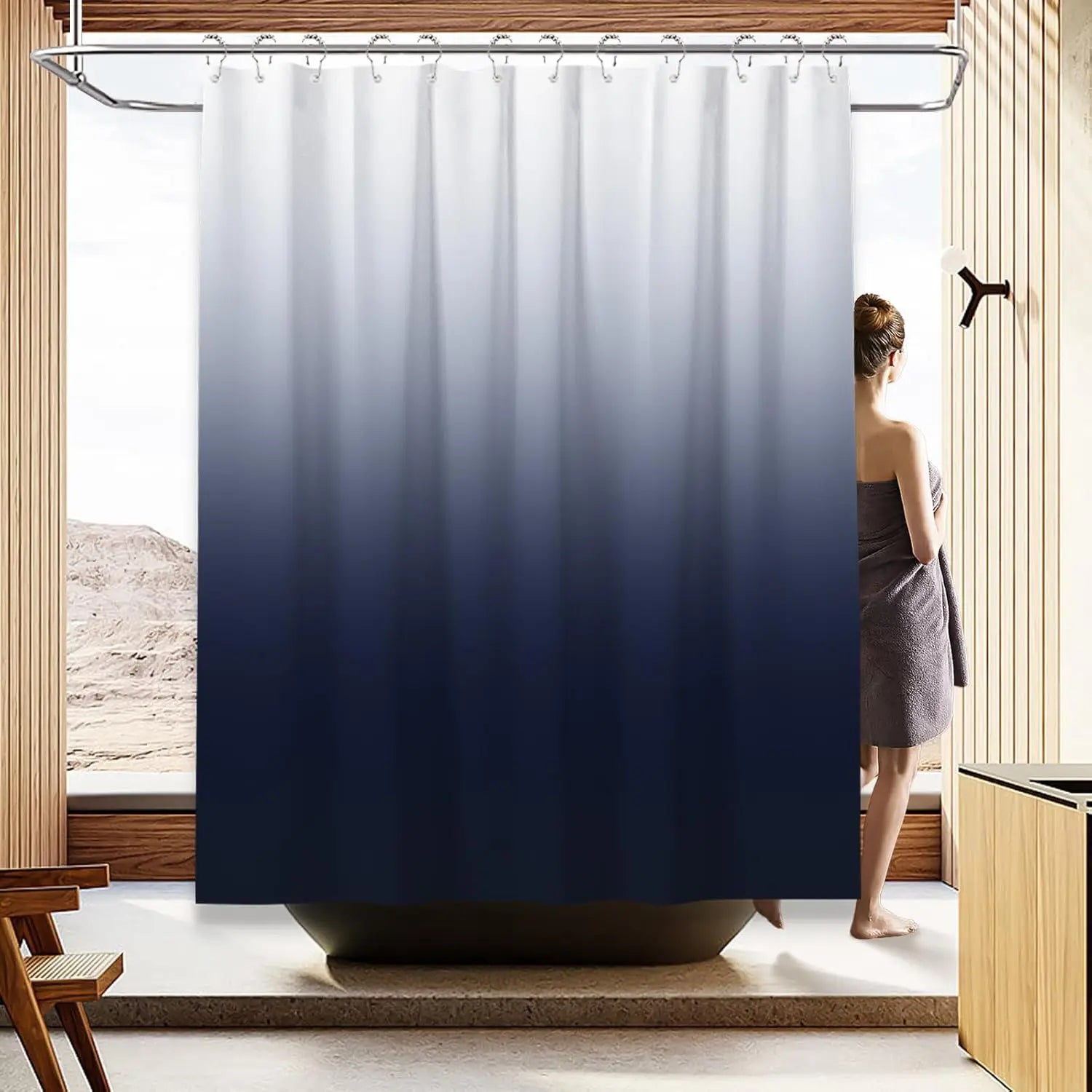 4-Piece Navy Blue Bathroom Set with Shower Curtain, Rugs & Toilet Cover