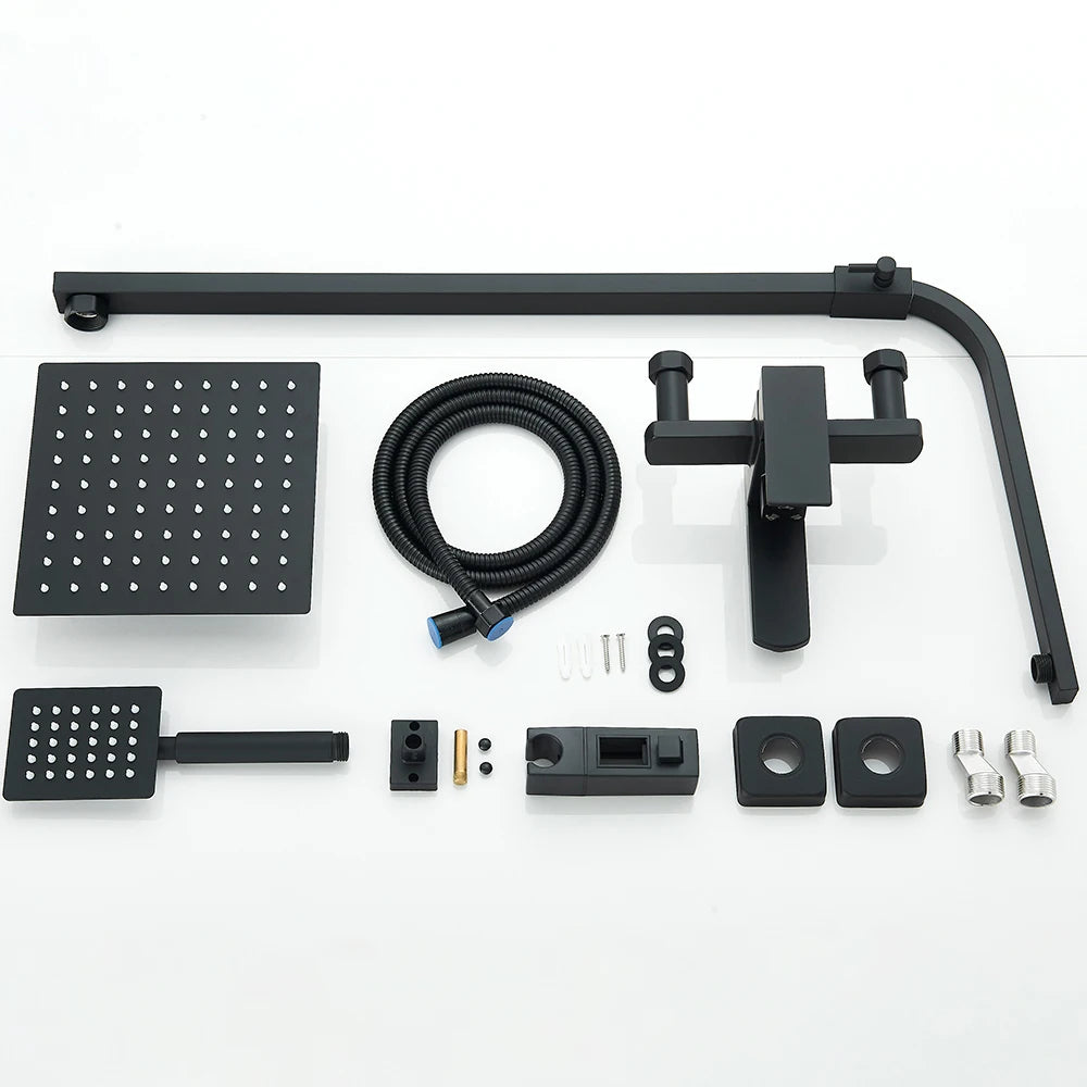Luxury Bathroom Shower Faucet Wall Mounted Swivel Spout Shower Set Square Rainfall Water Tap Mixer System Hot Cold Taps