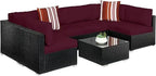 7-piece modular outdoor sectional wicker patio conversation set w/ 2 pillows, coffee table, cover included - black/deep burgund