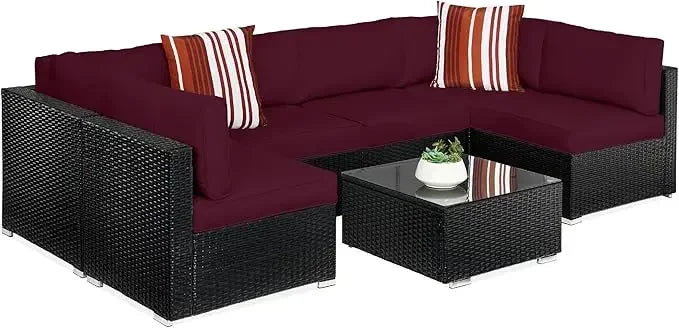 7-piece modular outdoor sectional wicker patio conversation set w/ 2 pillows, coffee table, cover included - black/deep burgund