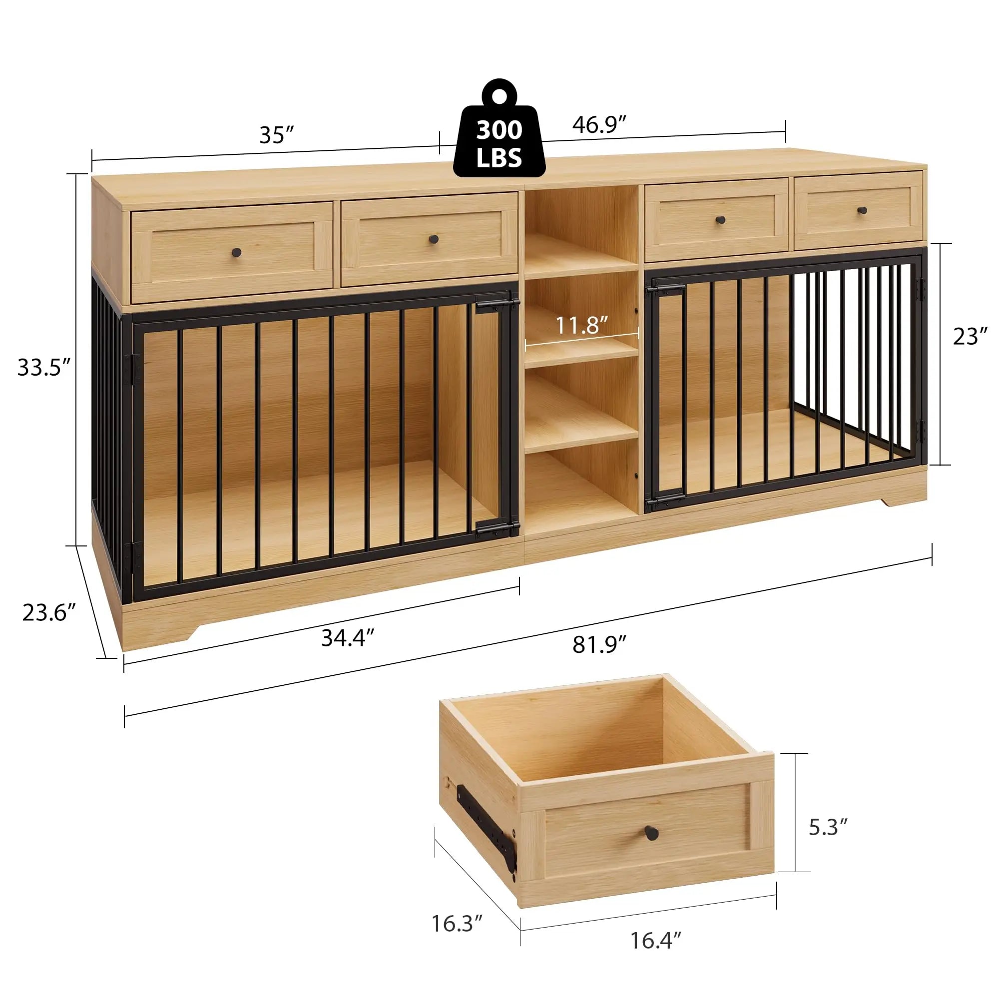 82'' Large Double Dog Crate TV Stand With 4 Drawers, Shelves