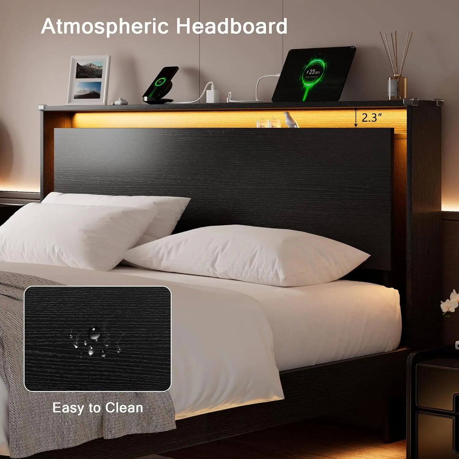 King Size Bed Frame with LED Lights & Charging Station