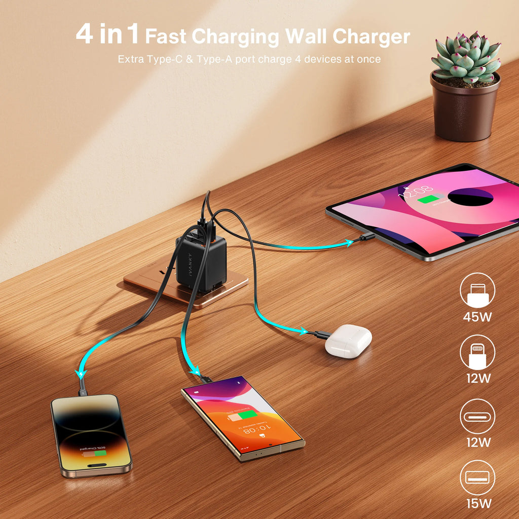 4 in 1 45W Fast Charging Retractable Wall Charger with Dual USB C Cables
