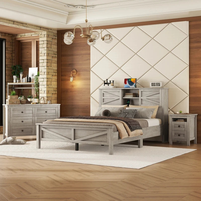 3-Pieces Bedroom Sets Full/ Queen Size Farmhouse Platform Bed with Double Sliding Door Storage Headboard and Charging Station