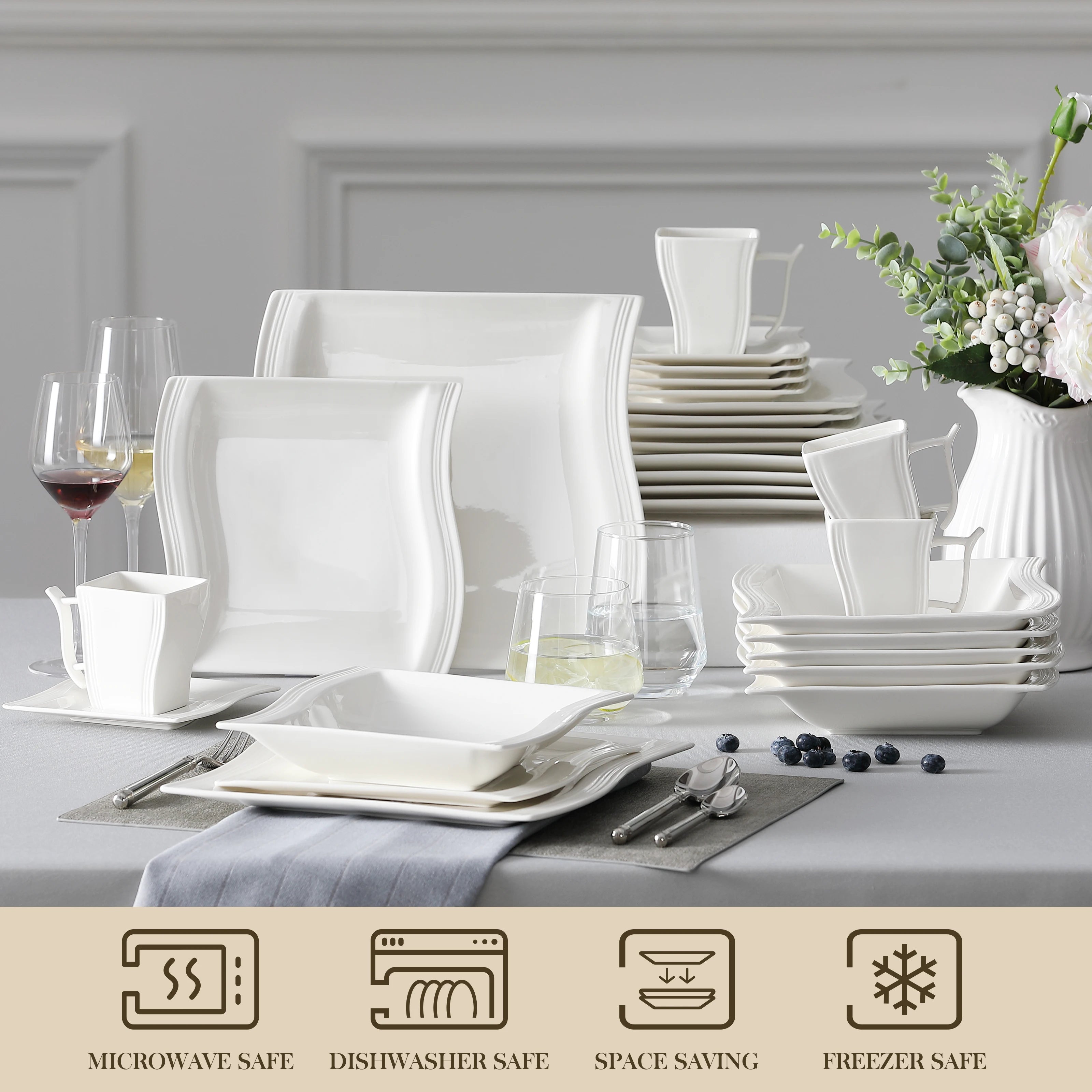 MALACASA 30 Piece White Porcelain Dinner Set with 6PCS Dinner Plate/Dessert/Soup/Mug/Saucer Tableware Set for 6-12 Person