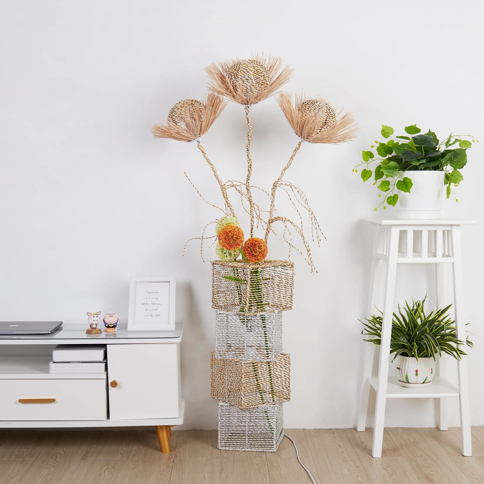 Modern Rattan Floor Lamp Dimmable Standing Floor Lamp